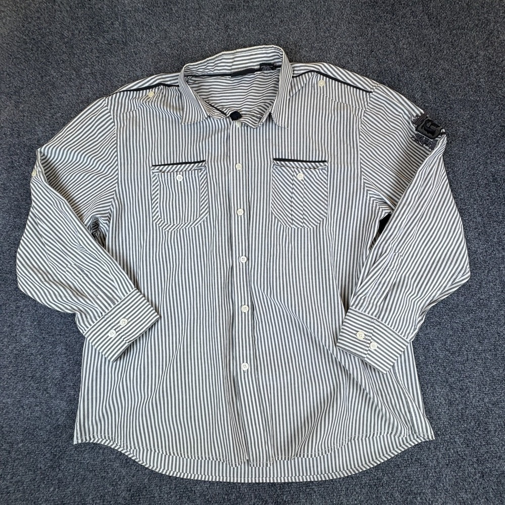 Red Ape Shirt Mens 2XL White Gray Vertical Stripe Logo Cotton Pockets Button Up